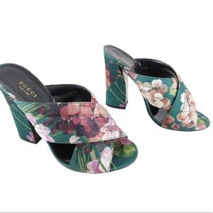 Gucci Blooms Green Satin Floral Block Heel Sandals